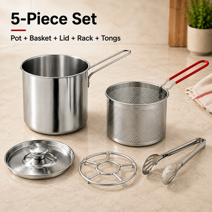 Personal Mini Deep Fryer Set – Stainless Steel Pot with Lift-Out Draining Basket & Food Tongs
