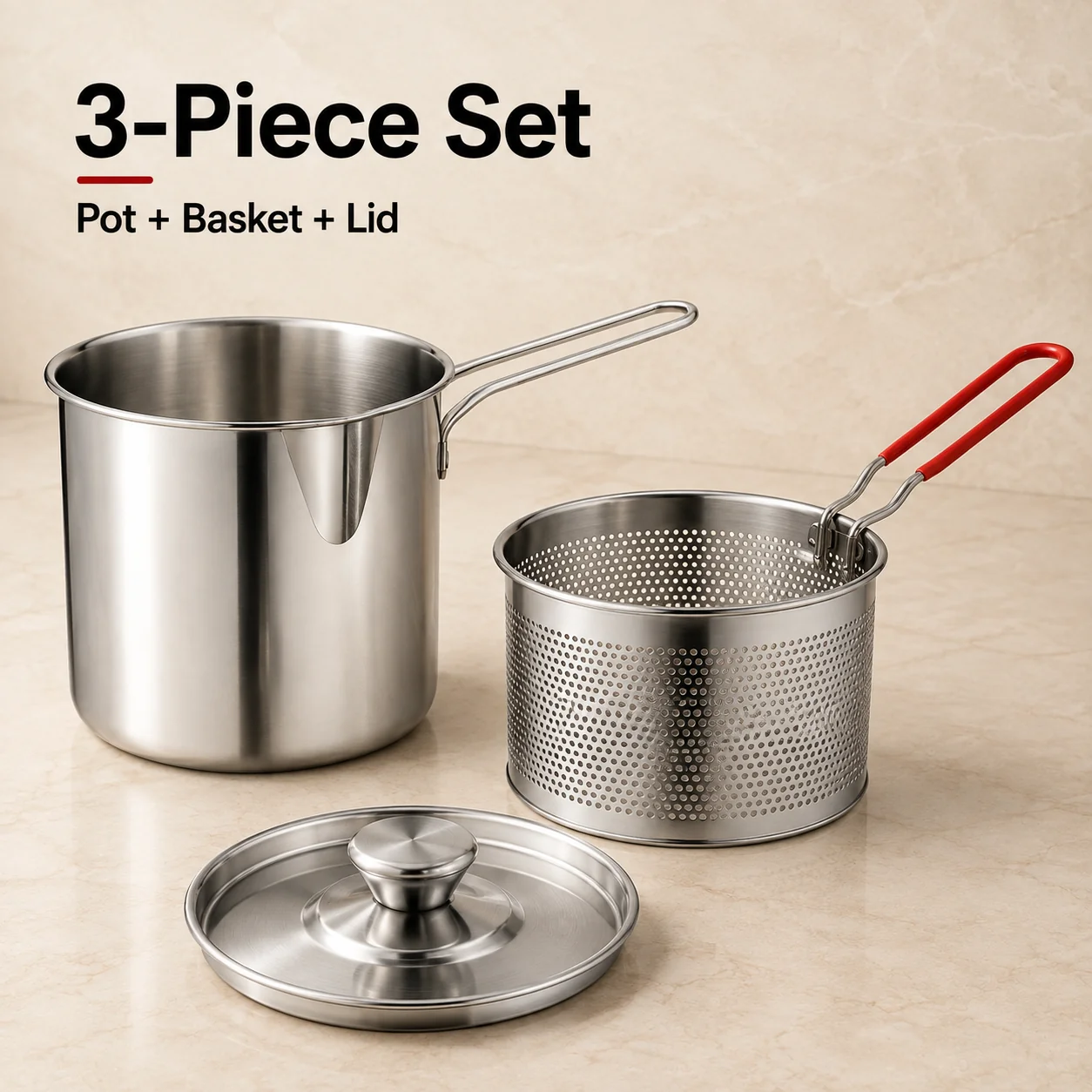 Personal Mini Deep Fryer Set – Stainless Steel Pot with Lift-Out Draining Basket & Food Tongs