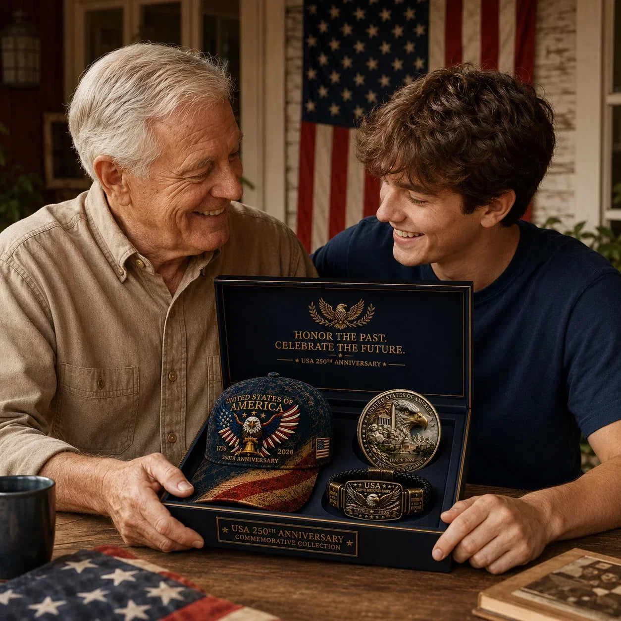 Anniversary Patriotic Eagle 3-Piece Gift Set – Embroidered Cap, Coin & Bracelet