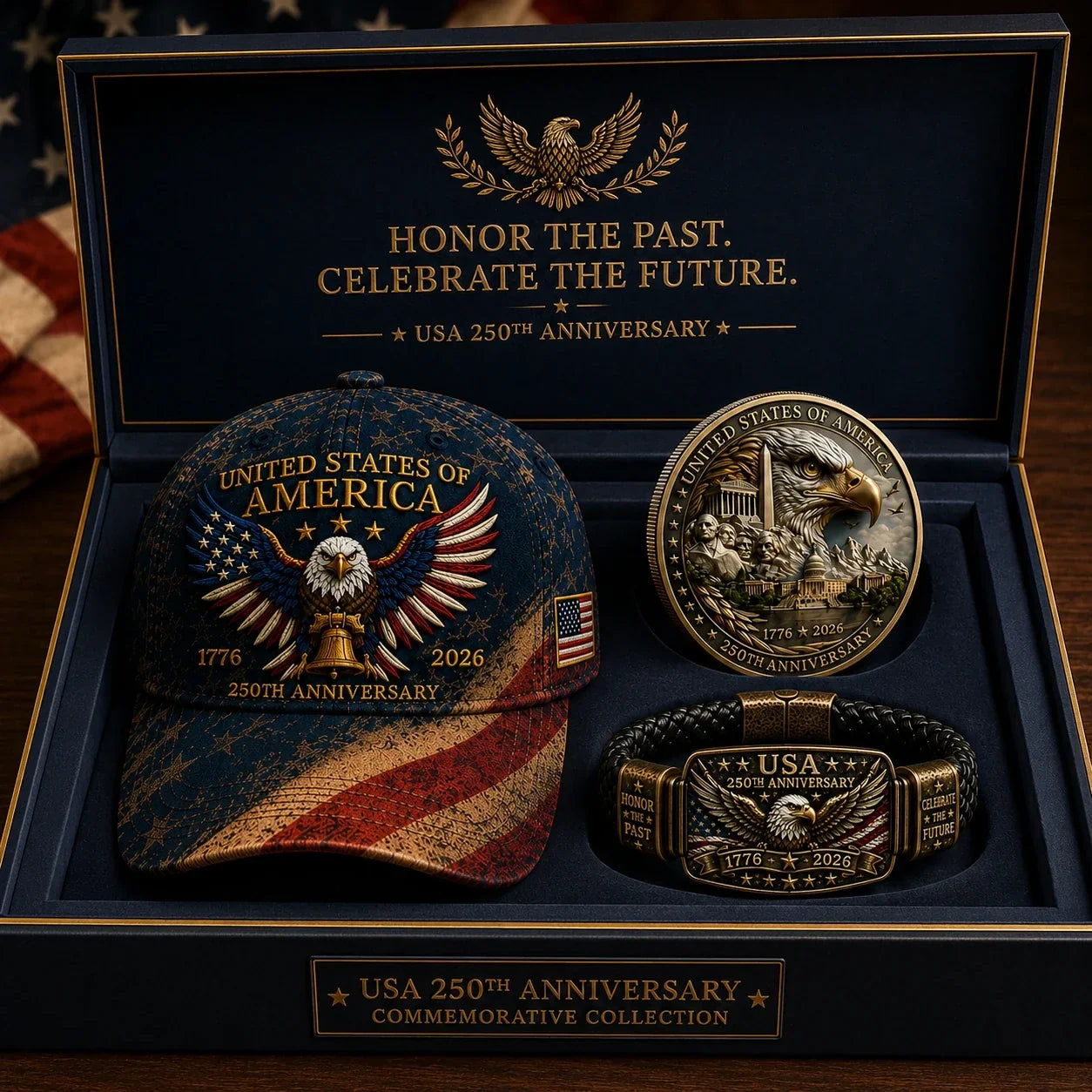 Anniversary Patriotic Eagle 3-Piece Gift Set – Embroidered Cap, Coin & Bracelet