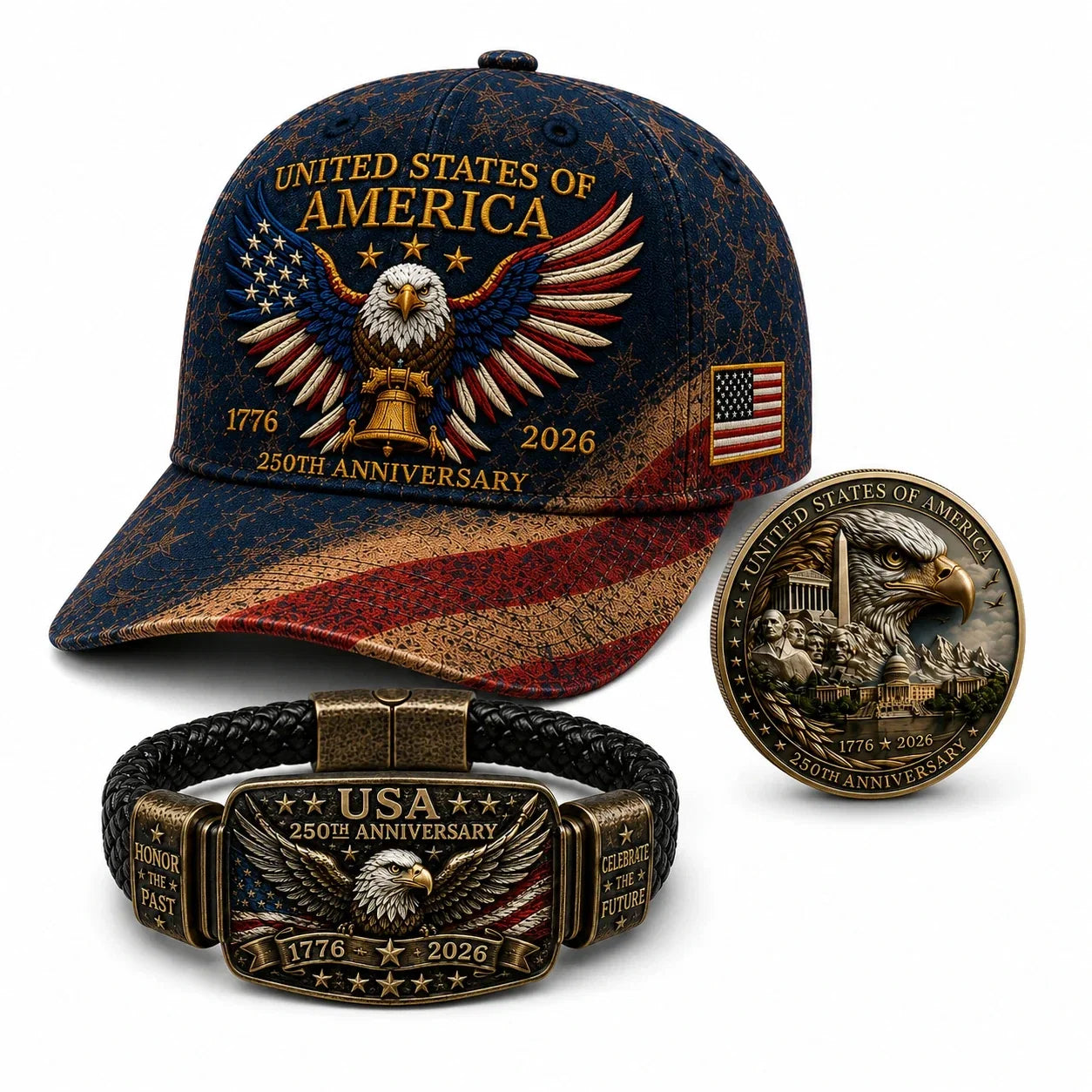 Anniversary Patriotic Eagle 3-Piece Gift Set – Embroidered Cap, Coin & Bracelet