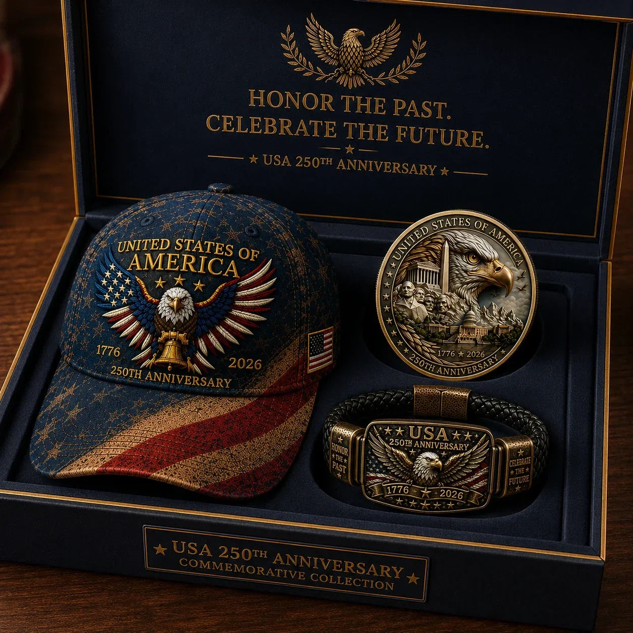 Anniversary Patriotic Eagle 3-Piece Gift Set – Embroidered Cap, Coin & Bracelet