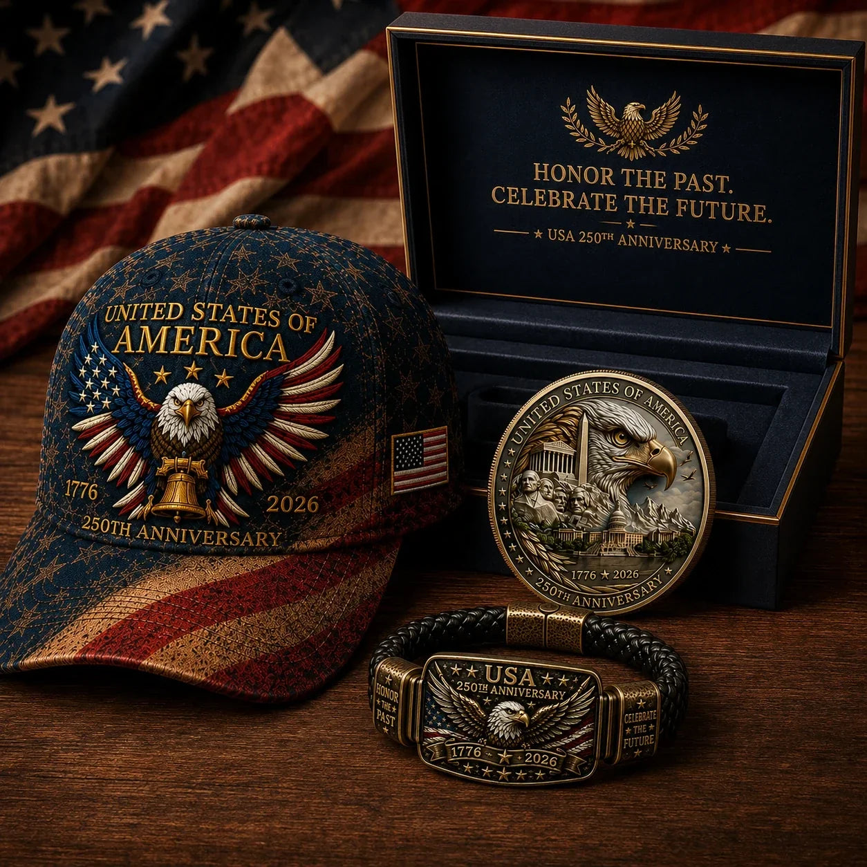 Anniversary Patriotic Eagle 3-Piece Gift Set – Embroidered Cap, Coin & Bracelet