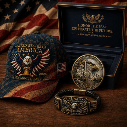 Anniversary Patriotic Eagle 3-Piece Gift Set – Embroidered Cap, Coin & Bracelet