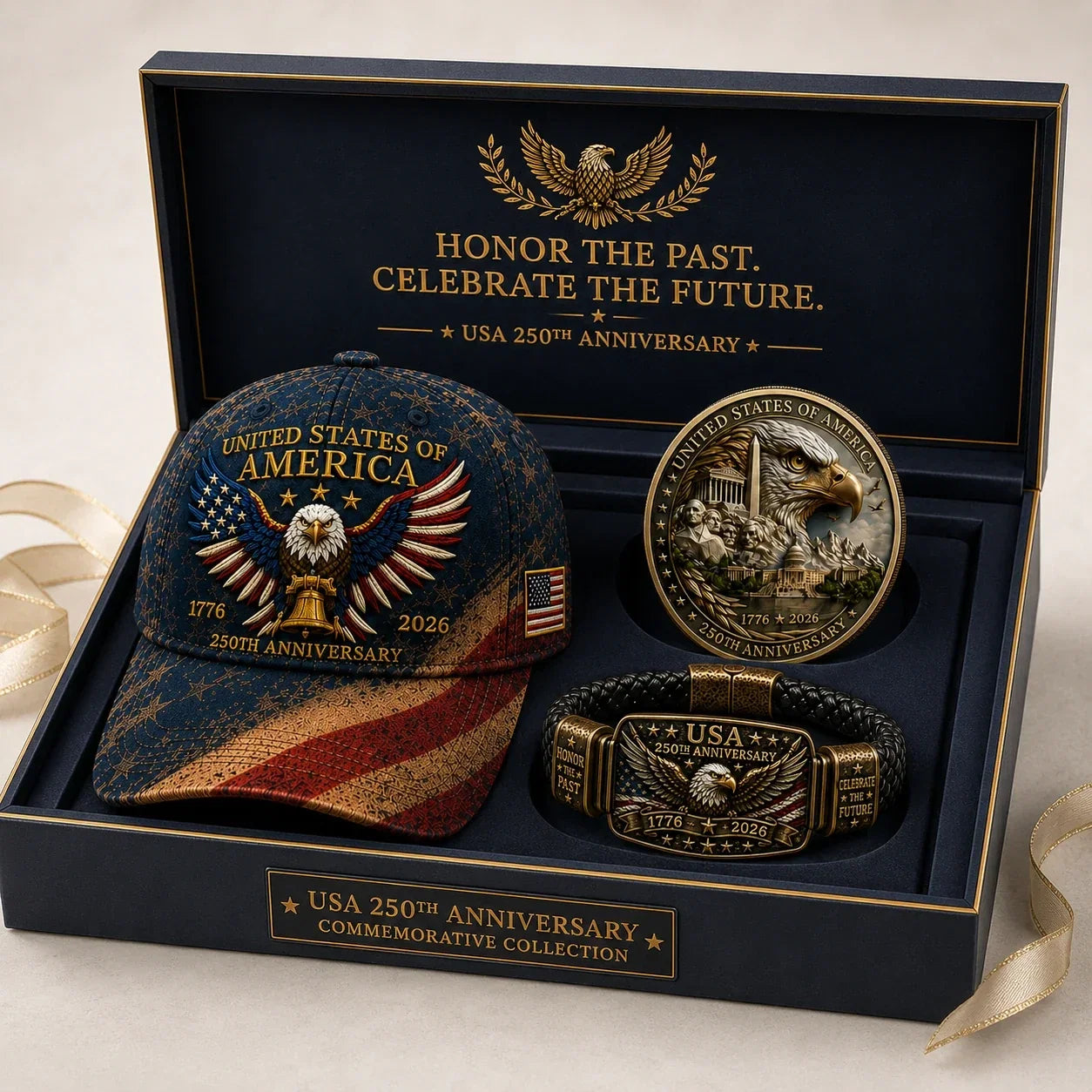 Anniversary Patriotic Eagle 3-Piece Gift Set – Embroidered Cap, Coin & Bracelet